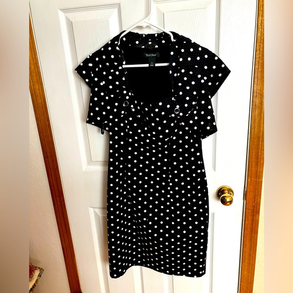 Fitted WHBM black dress with white polka dots and red accents, matching bolero - Picture 2 of 6